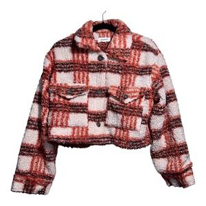 VEVERET Women's Brown Orange Boucle Plaid Cropped Button-Up Teddy Jacket Large